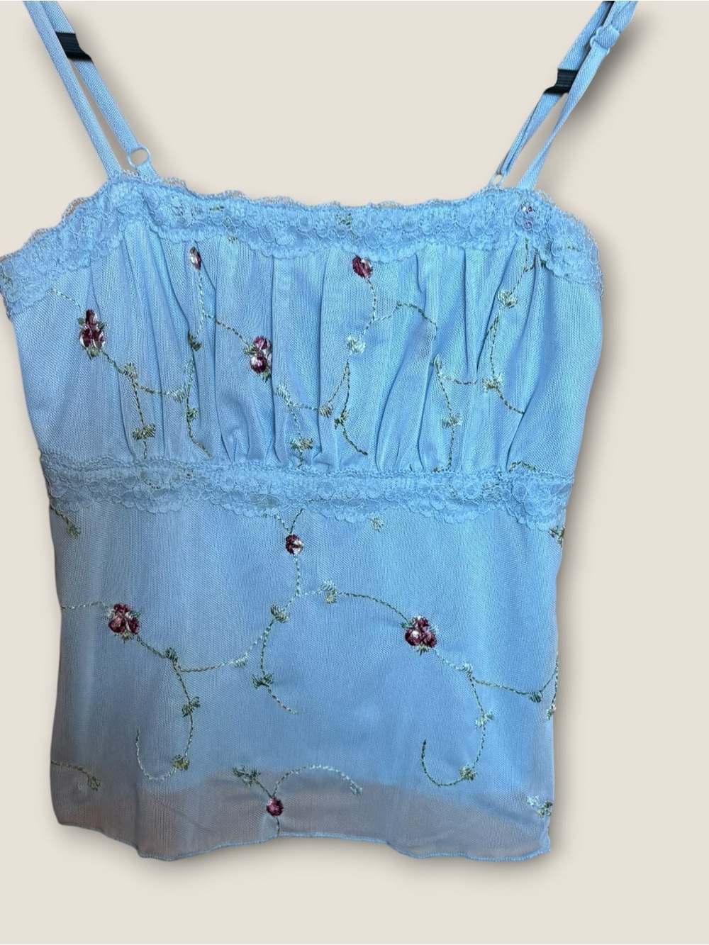 Y2K Inspired Mesh Light Blue Floral Embroidered Lace Cami Top